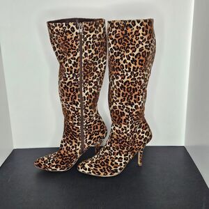 Leopard Print Boots High Heel Platform Zip Knee High Brown Tan Sz 8